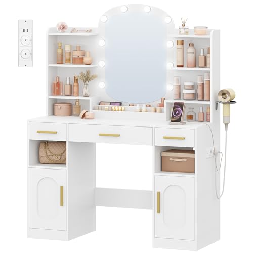 HEXCELEN Tocador, Mesa de Maquillaje con Espejo Ovalado y Luces LED con Brillo Ajustable, Enchufes, Soporte para Secador de Pelo, Tocador de Maquillaje, 3 Cajones, 2 Armarios, Blanco - imagen 8