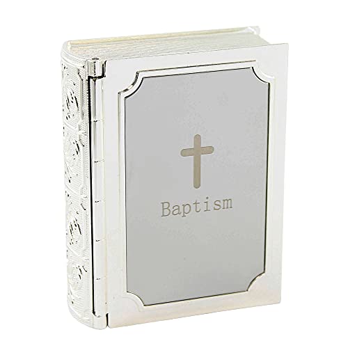 Baptism Bible Design With Cross Dark Silver Tone 3 x 3.5 Zinc Alloy Keepsake Box
