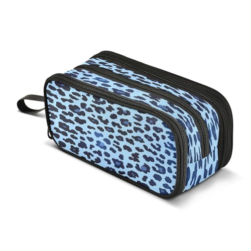 Image of Leopard Print Blue Background Pattern Pencil Case 3 Compartment Pen Bag Pouch Holder Box School Portable Stationery Storage Bag for Girls Boys
