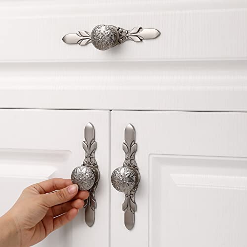 Ycsj 10 Pack Cabinet Hardware Brushed Nickel Knobs & Plates For Cabinets And Drawers,1-1/4’’ Dia Flower Brushed Satin Nickel Kitchen Cabinet Knobs And 5-4/5”Length Nickel Plates For Dresser Drawers #TOP5