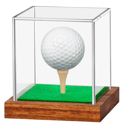 Clear Acrylic Golf Ball Display Case with Wood Base & Tee, Memorabilia Stand Cube Holder, Dust Protection Transparent Storage Box for Single Ball Souvenir Golfball Collections