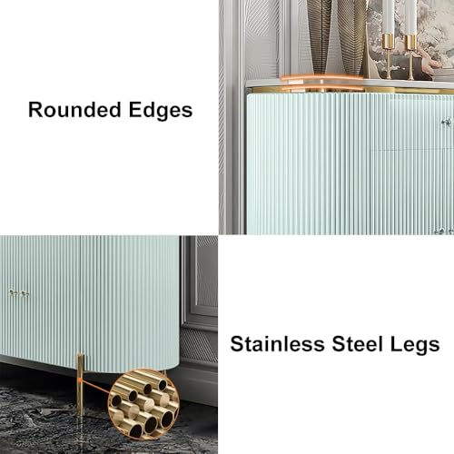 Image of Modern Console Table, 55 x 15 x 30 inch, White Ribbed Design, Marble Top, Gold Accents, 4-Door Storage Cabinet, Waterproof Plywood, PVD-Coated Legs, Elegant Entryway (Sky Blue)
