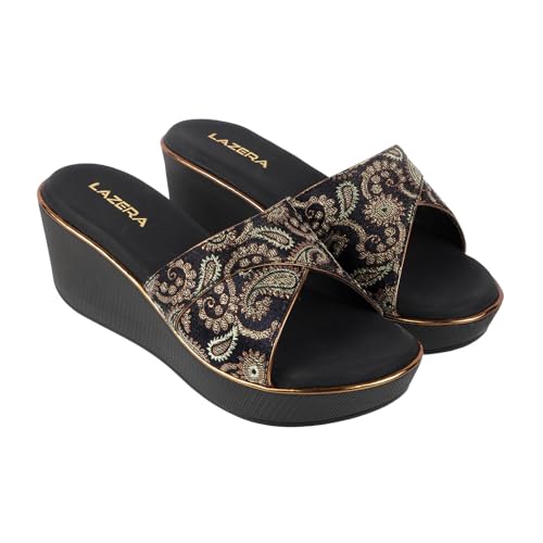 Image of Lazera Platform Wedge Sandals|Sandals for Women|Platform Heels|Floral Brocade Synthetic|Slip On|Regular Fit|2.5 Inch Heel