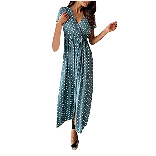 Orgrul Robe d'été pour femme - Col en V - Style bohémien - Imprimé à pois - Manches courtes - Robe de vacances, bleu, L Cover