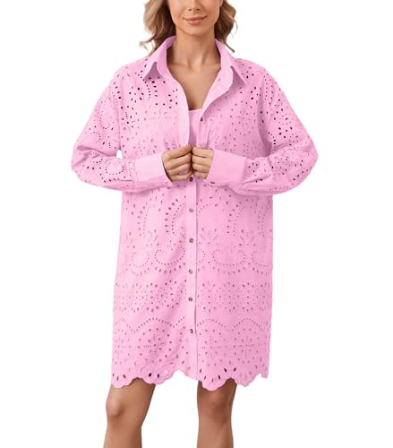 Aihukocy Women Hollow Out Eyelet Button Down Lapel V Neck Long Sleeve Ruffle Flowy Solid Oversized Loose Mini Shirt Dress Pink thumb #5