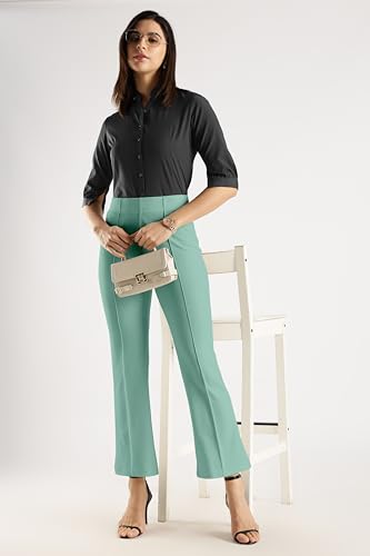 Image of SWADESI STUFF Women's Bell Bottom Trousers - High Waisted Wide Leg Palazzo Pants | Stretchy Cotton Blend Retro Pants for Casual, Office, Party