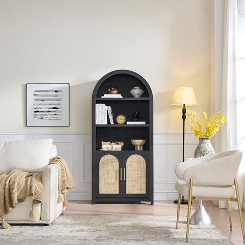 Rattan Arched Cabinet Bookshelf - 69.3” Tall Mid Century Display Cabinet, Rounded Bookcase with Rattan Doors, Open Shelf Storage for Dining Room (Black, 1 PC)