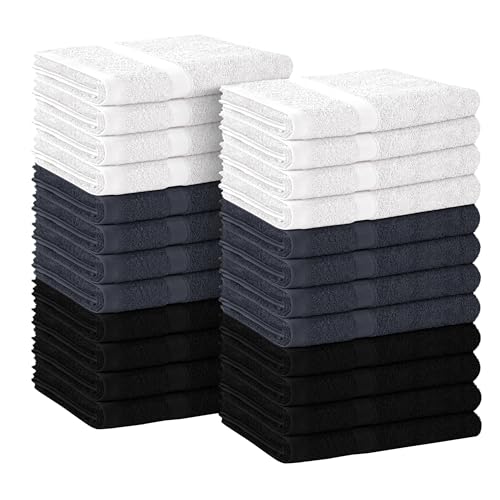 Image of Avalon Towels Salon Towel - Black, Grey and White Hand Towels Bulk Pack of 24 - 100% Cotton Absorbent Spa, Facial & Gym Towel for Working Out - 16x27 Inches (Not Bleach Proof)