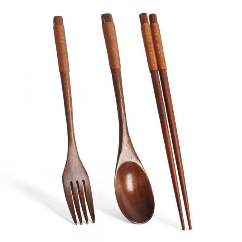 Coreano Stoviglie In Legno Forchetta Cucchiaio Bacchette Set 3 pezzi In Legno Massello Manico Lungo Cucchiaio Bacchette Portatile Stoviglie Stile B