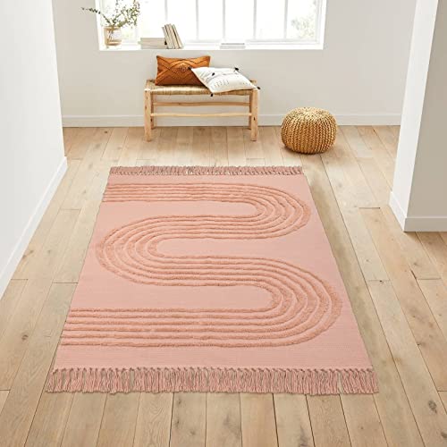 Boho Pink Area Rug 4'X 6'Washable Cotton Bedroom Rug,Woven Linear Tufted Nursery Rug With Tassels, Accent Farmhouse Indoor Carpet For Living Room Entryway Porch Dorm #TOP6