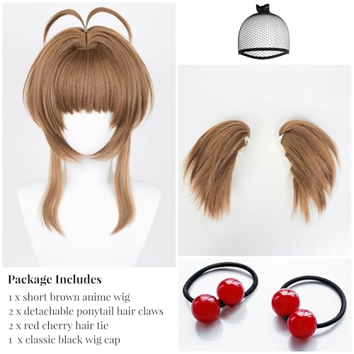 Image of Half and Half Brown Ponytail Anime Wig with Bangs Short Light Brown Lolita Twin Tails Pigtails Wig for Women Halloween Costumes Party