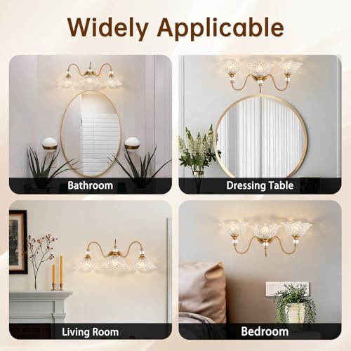 Image of Vintage Bathroom Vanity Light, 3-Light Matte Brass Finish Vanity Light with Floral Clear Glass Shades, Retro Wall Sconce for Bathroom, Dressing Table