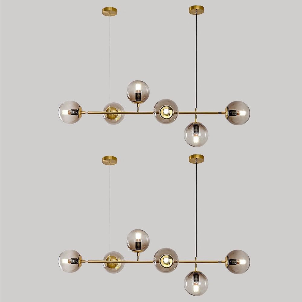 Moddeny 2 Pack 6 Light E27 Modern Chandelier Northern Europe Glass Ball Hanging Lights Industrial 130CM Ceiling Pendant Lamps for Living Room Dining Room Art Decoration Restaurant (Gold + Smoky Gray) — image 1
