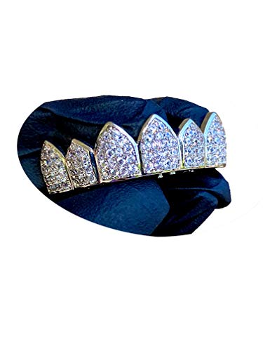 14k Rhodium Over Gold Finish Grillz for Mouth Top Hip Hop Iced Slug Teeth Grills for Mouth Grillz for Mouth Top Hip Hop 8 Teeth Grills for Teeth Mouth Set - Teeth Cap, Iced Grillz 6 Teeth Top Only