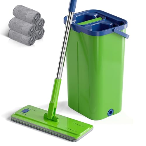 MASTERTOP Wischmopp Set mit Eimer, Bodenwischer und Eimer mit Auswringfunktion, Nass- und Trockenmopps mit 5 Wiederverwendbare Mikrofaser-Pads, Flachmopp mit Edelstahlstiel für die Bodenreinigung
