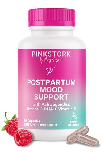 Image of Pink Stork Postpartum Mood Support - Postnatal Hormone Balance for Women - Breastfeeding Friendly - Stress & Cognitive Support, New Mom Essentials - Ashwagandha, Chamomile, & Vitamin D, 60 Capsules