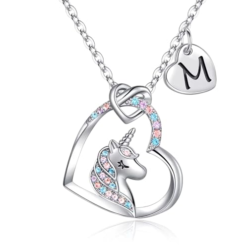 OSDUE Cadeaux de Collier de Licorne, Argent Collier de Bijoux Licorne en Cristal Arc-en-Ciel Pendentif Coeur Initiales, Cadeau Fit Fête D'anniversaire de...