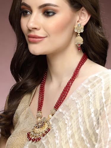Image of Adiva Stylish Traditional Gold-Plated Kundan Stone Studded & Pearls Handcrafted Necklace with Earrings Jewellery Set for Women & Girls
