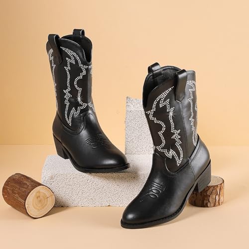 Girls Cowboy Boots Pull On Cowgirl Boots Pointed Toe Mid Calf Western Boots for Little Kid Big Kid3