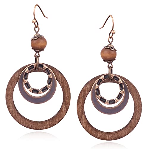 Handmade Lightweight Vintage Bohemian Bronze Bamboo Circle Hoop Dangle Drop Earrings With Nature Bead for Women Statement Jewelry Gifts