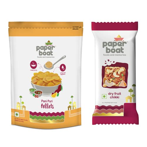 Image of Paper Boat Pani Puri Pellets, Ready to Fry, No Added Colours and Preservatives (400g), Paper Boat Dry Fruit Chikki, No Added Preservatives and Colours (Pack of 10, 25g Each)