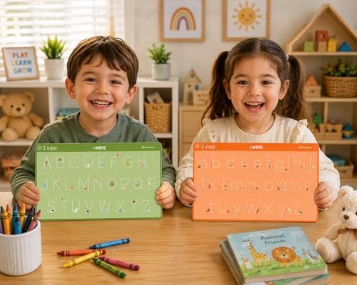 Image of 3Lines I-Write Reusable Alphabet Writing Practice Board for Kids | Uppercase & Lowercase ABC Learning Toy | Educational Writing Board with Animals & Fruits | Preschool Learning Gift (Large)
