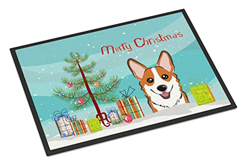 Caroline's Treasures BB1626JMAT Christmas Tree and Red Corgi Doormat 24x36 Front Door Mat Indoor Outdoor Rugs for Entryway, Non Slip Washable Low Pile, 24H X 36W