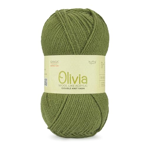 Image of Ganga Acrowools Acrylic Olivia, Double Knit Yarn. Hand Knitting and Crochet Yarn. Oekotex Class 1 Certified. Pack of 2 Balls - 100Gms Each.Shade No -OLV0043 Turtle Green