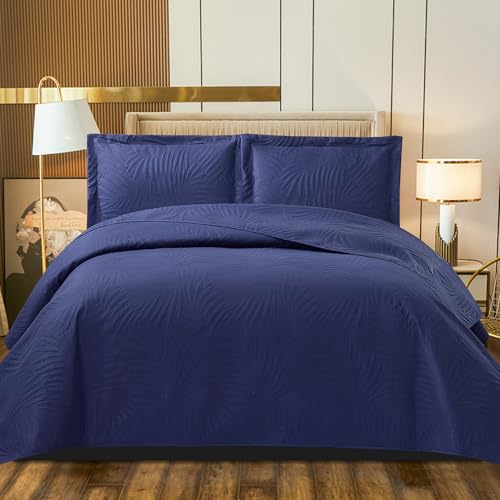 B&B Quilted Bedspread Bed Throws - Luxury Embossed Tropical Leaf Pattern Reversible Quilt Bedspreads Coverlets for Bedroom Decor with Matching Pillow Shams (King, Dark Blue)