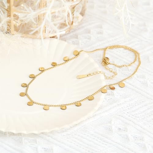 Made by Nami Edelstahl Damen Kette in Gold mit kleinen runden Plättchen Geschenke für Frauen Schmuck Damen 40 + 5 cm Länge (Plättchen)