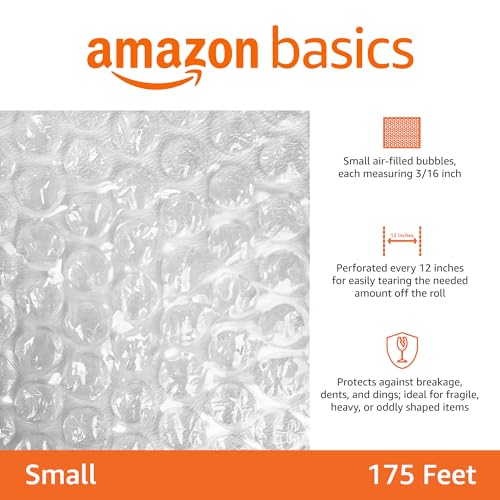 Amazon Basics Bubble Wrap for Moving, Packing, Shipping and Storage, Perforated Protective Cushioning for Fragile Items, 12-inch x 175-ft Long Roll, Small 3/16", Clear view 2