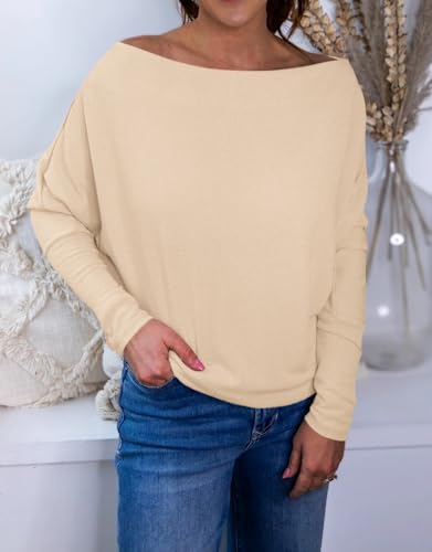 Okiwam Women's Fall Tops Long Batwing Sleeve Shirts Boat Neck Off The Shoulder Loose Tunic Blouses 2025 Fashion Clothes