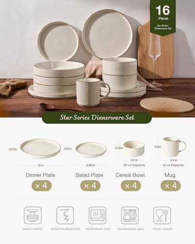 Image of Famiware Star 16-Piece Stoneware Dinnerware Set with Trim, Service for 4 -Ceramic Mugs, Plates and Bowls, Modern Rustic Dishes with High Edge, Chip /Scratch Resistant, Microwave /Dishwasher Safe, White