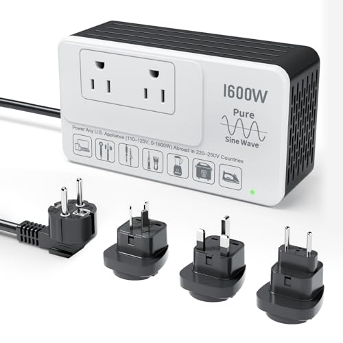 220V to 110V Voltage Converter, Power Any American Appliance Overseas - 1600W Pure Sine Wave, Plug & Play, Voltage Converter US to Europe, Step Down Transformer Power Adapter for International Travel