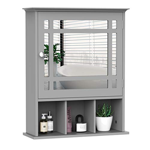 kleankin Bathroom Cabinet Wall Mount with Mirror Door 3 Shelf Organizer for Bathroom, Kitchen, Bedroom, Grey