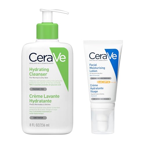 CeraVe Set detergente idratante + lozione idratante viso AM SPF50, detergente delicato per il viso e idratante quotidiano con ceramidi e acido ialuronico, 236 ml + 52 ml