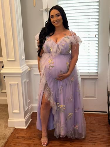 Women's Flower Embroidery Tulle Prom Dresses Corset A Line Long Slit Ruffles Formal Party Gowns4