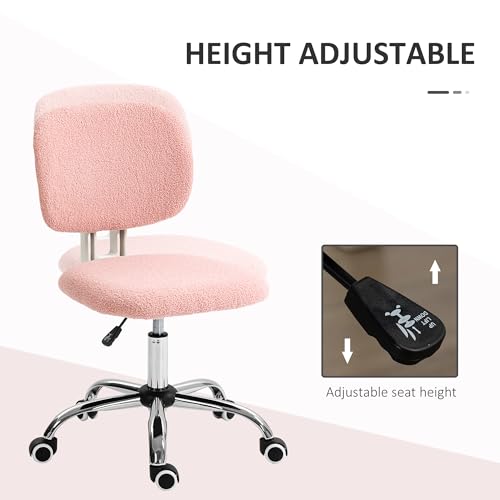 Vinsetto Cute Armless Office Chair, Teddy Fleece Fabric Computer Desk Chair, Vanity Task Chair with Adjustable Height, Swivel Wheels, Mid Back, Pink