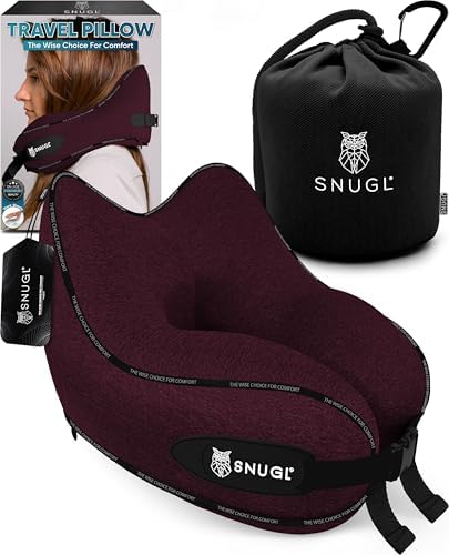 SNUGL Travel Pillow – Memory Foam Neck Pillow for Travel – Support Cushion for Airplane with Carry Bag & Clip - Holiday Essentials (Dark Red - Adult Regular)