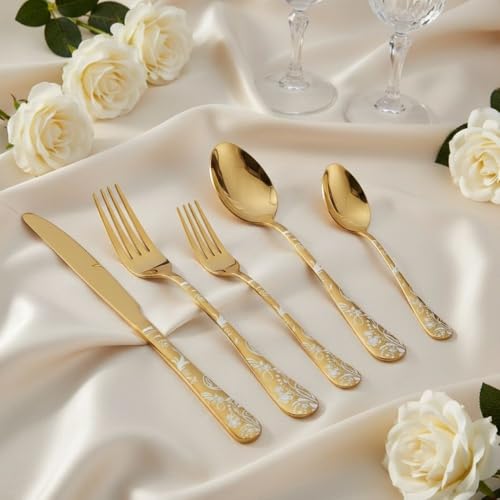 Image of 10 Pcs Gold Floaral Stainless Steel Cutlery Set for Dining Table with Spoons and Forks Set + Butterknives - The Perfect Tableware /Flatware