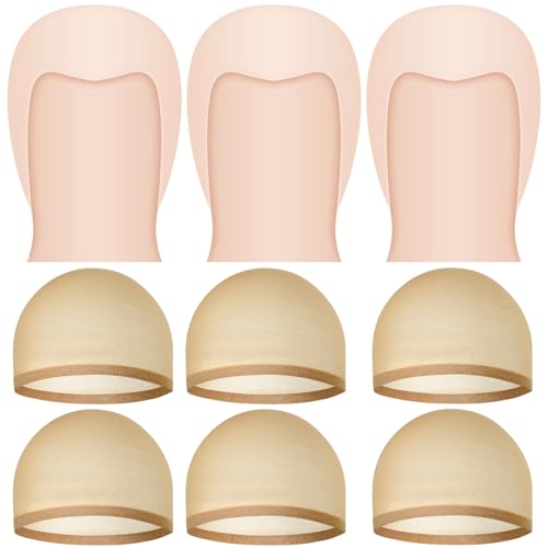 PLULON 3 Glatzenkappen mit 6 Haarkappen für Männer und Frauen Halloween-Kostüm Lustige Cosplay-Kostüme Make-up Latex Glatze Perückenkappe Haarnetz Mottoparty Maskerade Bühnenspiel-Zubehör