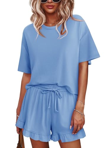 Image of Tankaneo Womens 2 Piece Shorts Set Summer Casual Short Sleeve T Shirts Drawstring Ruffle Shorts Pajamas Lounge Set