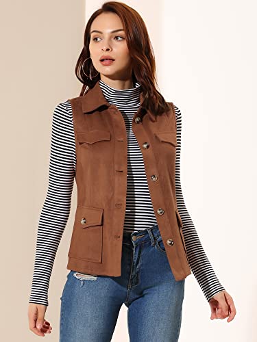 Allegra K Women's Faux Suede Vest Utility Buttoned Sleeveless Jacket with Cargo Pocket3