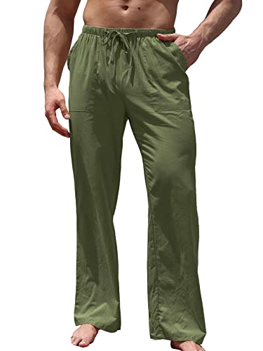 WOWULOVELY Mens Casual Cotton Linen Pants Loose Lightweight Elastic Waist Trouser Yoga Beach Pant Pockets(Green,XL)