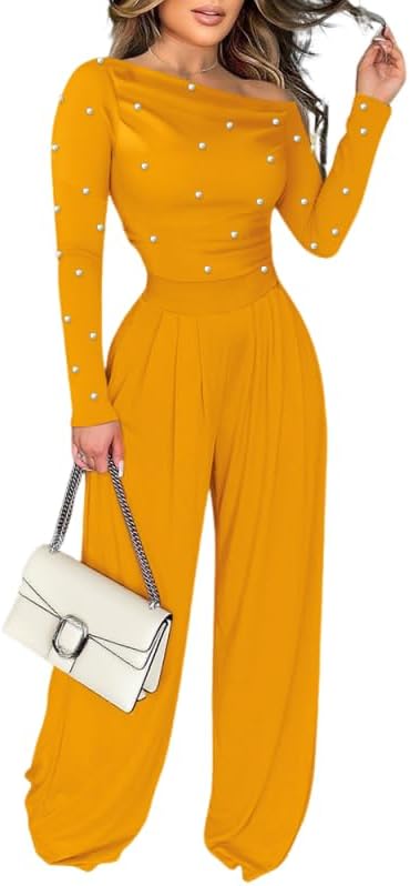 Jumpsuits For Women Dressy Pearls Decor Long Sleeve One Piece Outfits For Women Casual Ruched Wide Leg Rompers