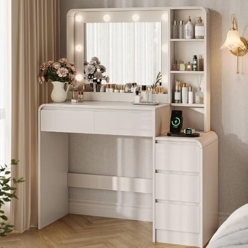 Image of 39.3 inch Makeup Vanity Desk with Charging Station, White Makeup Dressing Table with Mirror & Lights, 3 Lighting Modes Adjustable Brightness, Vanity Table with Power Outlet & 5 Drawers Curved Design
