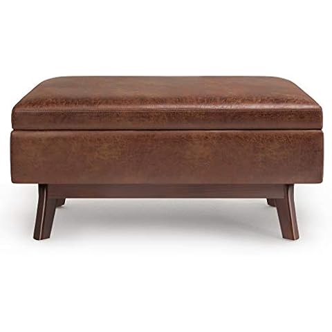 SIMPLIHOME Owen 36 inch Wide Mid Century Modern Rectangle Small Rectangular Storage Ottoman in Distressed Saddle Brown Vegan Faux Leather, Assembled, for the Living Room, Entryway and Family Room Cover
