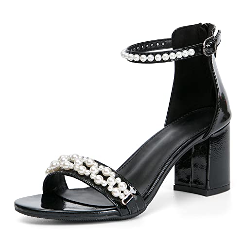 Image of Women's Heels Sandals for Women Open Toe Fashion Pearls Platform Heeled Sandals Ankle Strap Block Chunky Low Heel Pump Sandal Party Wedding Dress Shoe