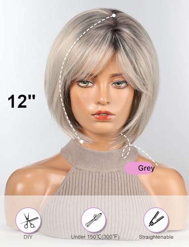 HAIRCUBE Bob Wigs for Women Synthetic Wig with Fringe Grey Color, 21"-23" - Image 3