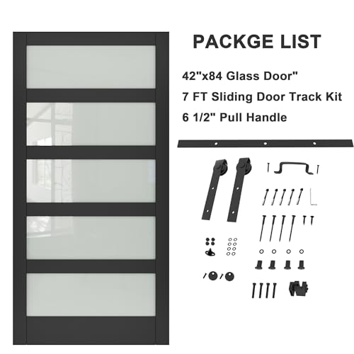 Image of 42 inchx84 inch Frosted Glass Barn Door with 7FT Sliding Hardware & Handle, Black